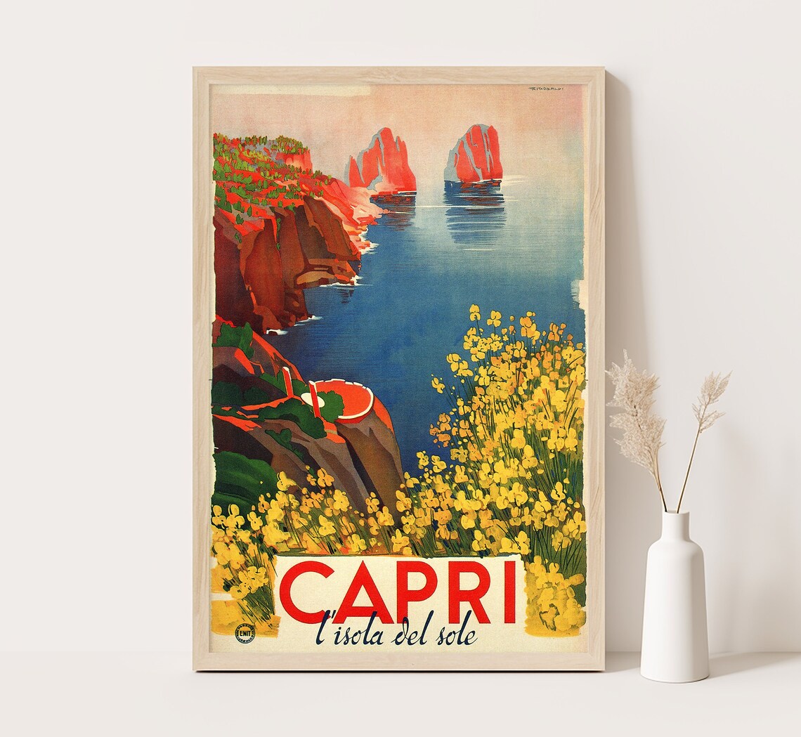 Capri Italy Vintage Travel Poster, Retro Coastal
