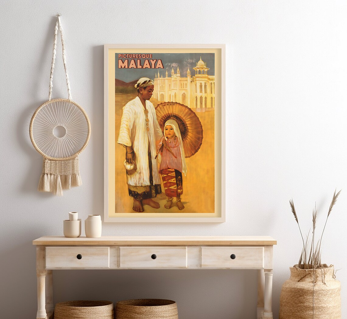 Picturesque Malaya Woman Child Parasol Mosque Golden Travel Poster - Image 4