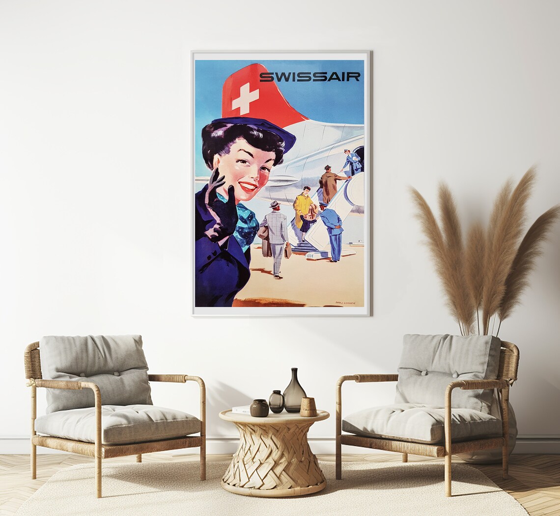 Swissair Vintage Stewardess Boarding Plane Retro Airline Travel Poster - Image 3