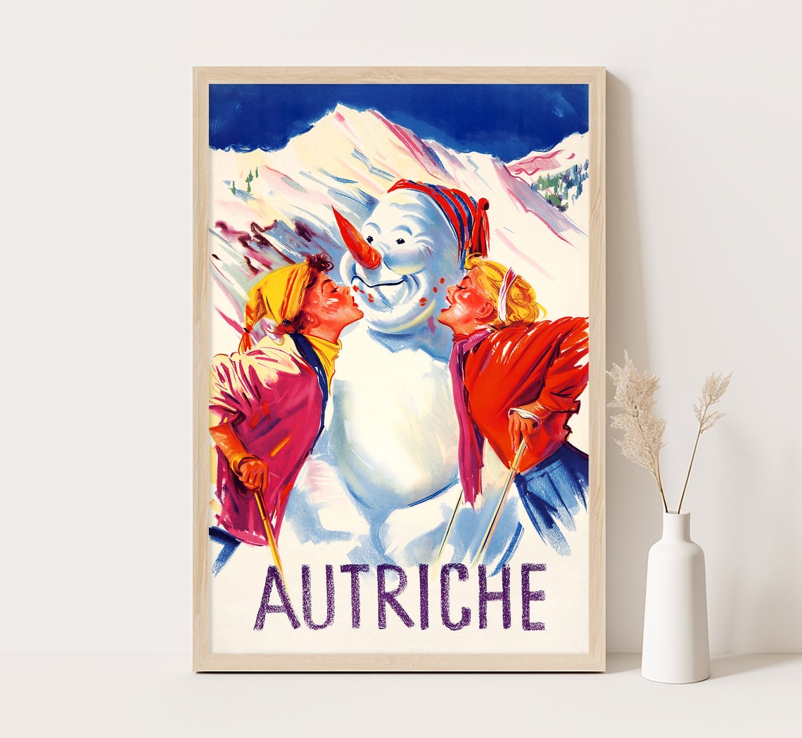 Autriche Austria Snowman Ski Children Alpine Winter Vintage Poster