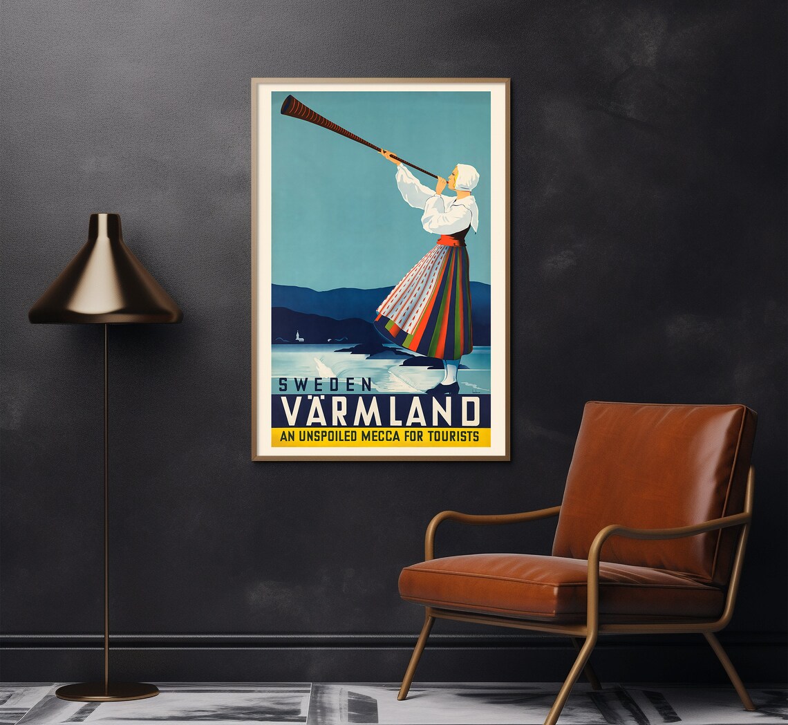 Sweden Varmland Folk Horn Player Lake Sunset Vintage Travel Poster - Image 2