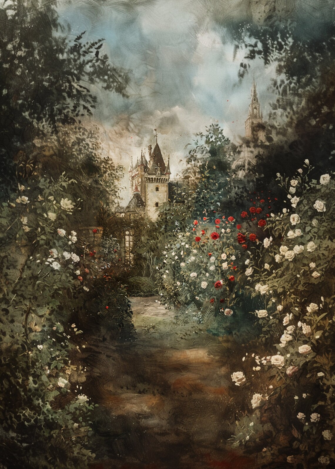 Wooded Garden Path Leading to Distant Tower Misty Roses Poster - Image 3