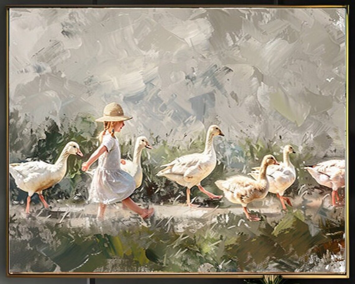 Girl Running with White Geese in Green Pasture Painting Poster - Image 2