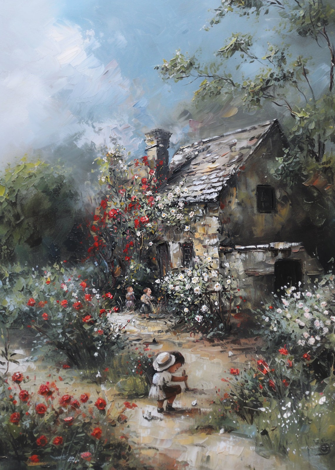 Two Children Playing in Stone Cottage Garden Red Rose Bushes Poster - Image 3