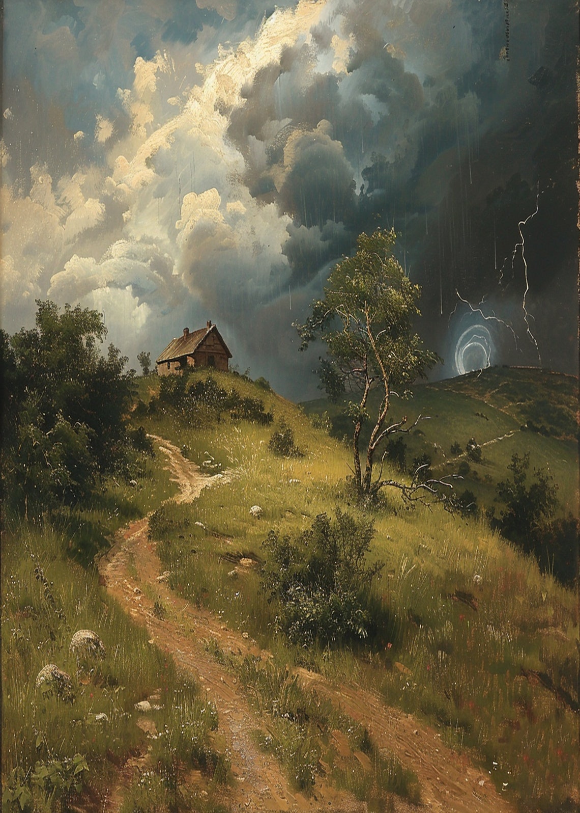 Hilltop Cottage Under Stormy Lightning Sky Winding Road Poster - Image 3