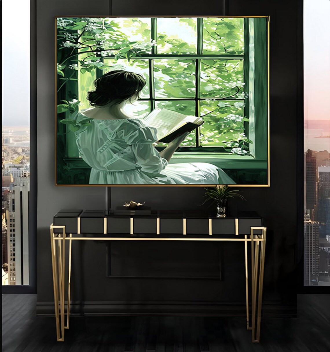 Woman Reading by a Sunny Garden Window Vintage Oil Painting Poster - Image 2