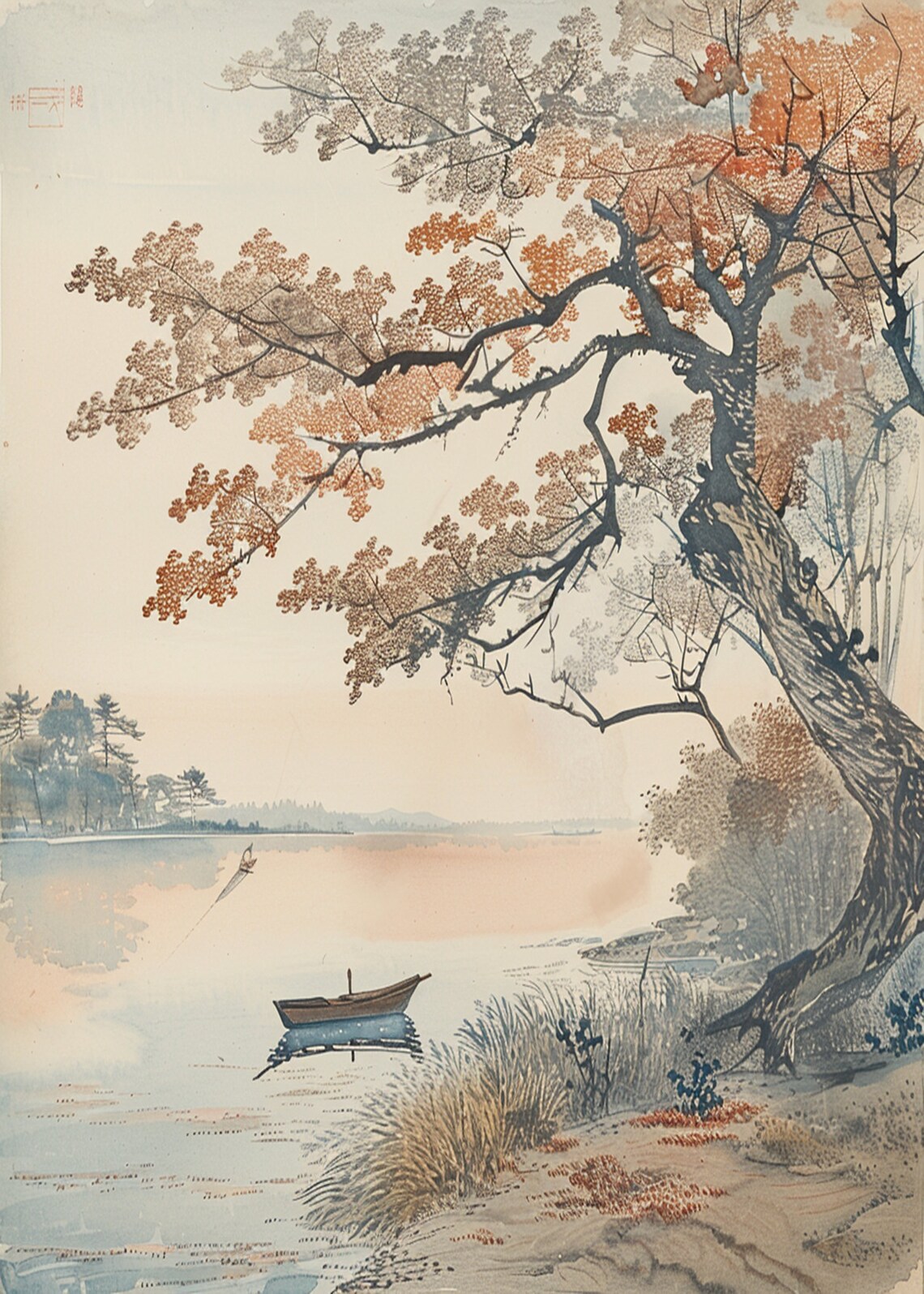Japanese Style Autumn Tree Scene over the Lake with Boat Print - Image 3