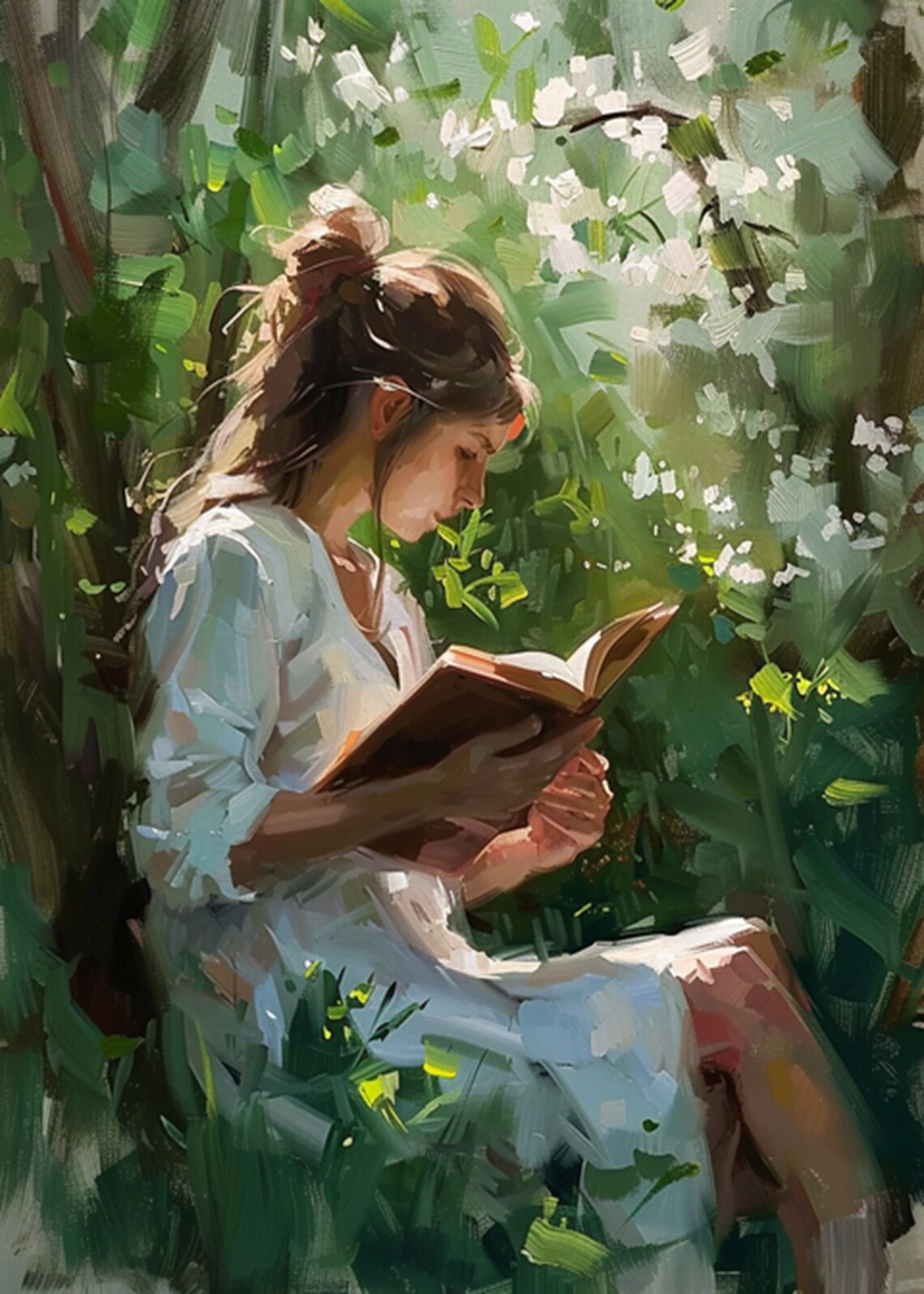 Woman Reading Among Green Foliage in a Garden Oil Art Poster - Image 2