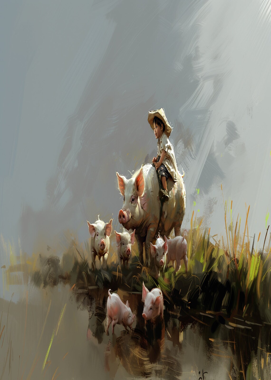 Boy Riding a Pig at the Water Edge with Piglets Painting Poster - Image 3
