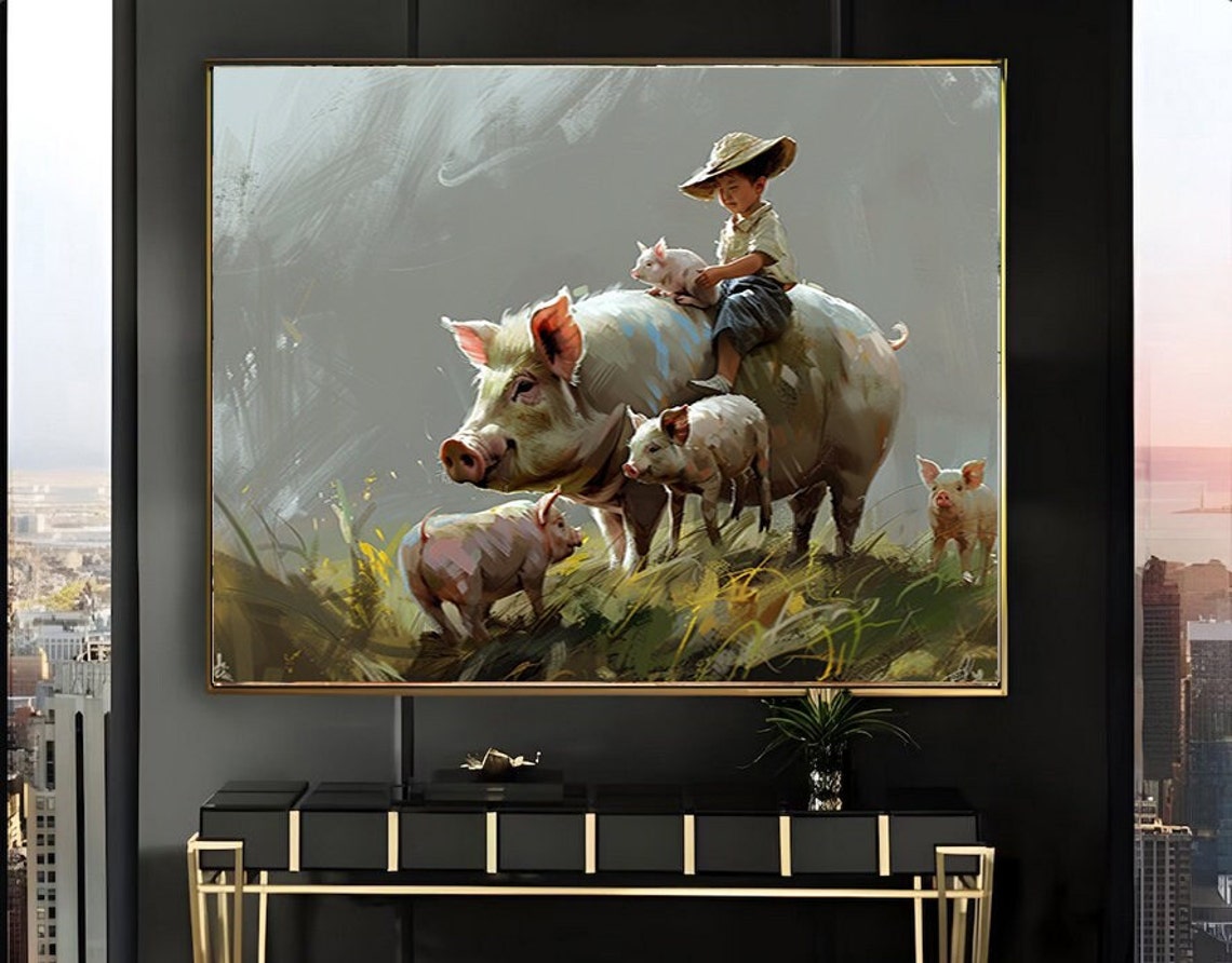 Boy in Straw Hat Riding a Big Pig with Piglets Painting Poster