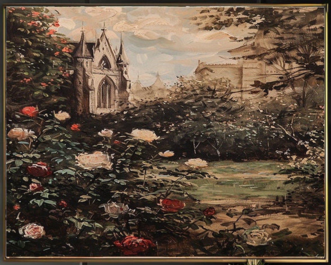 Gothic Chapel Beside Lake Red White Roses Misty Morning Poster - Image 2
