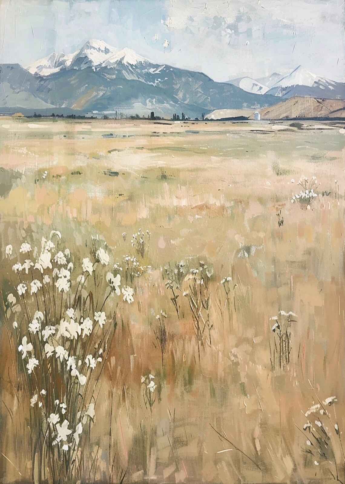 Sunlit Prairie Snowcapped Mountain Peaks Wildflower Landscape Poster - Image 3