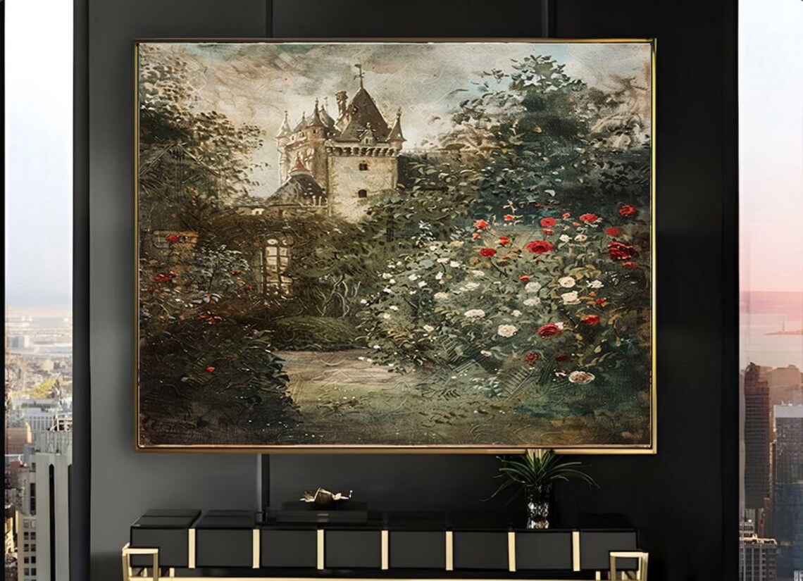 Stone Castle With Pointed Spires Garden Path Rose Bushes Poster