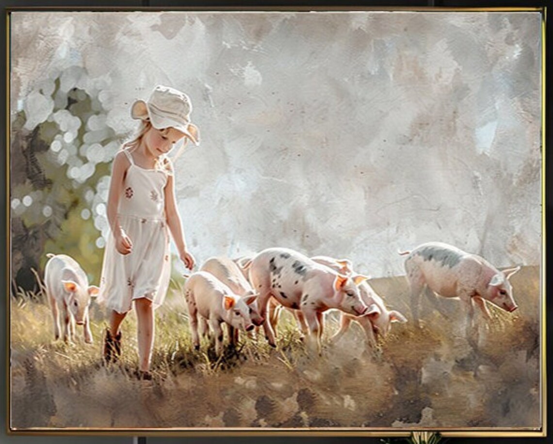Girl in White Dress with Pigs in Sunlit Meadow Painting Poster - Image 2