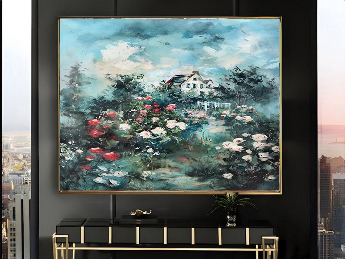 Misty Rose Garden White Fence House Beyond Blue Grey Sky Poster
