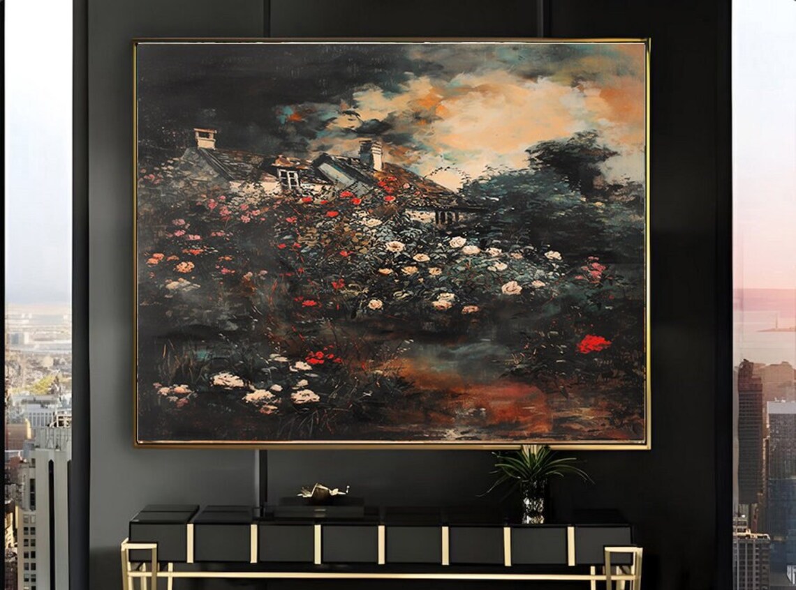 Dark Stormy Sky Over Rose Garden Cottage Dramatic Moody Art Poster
