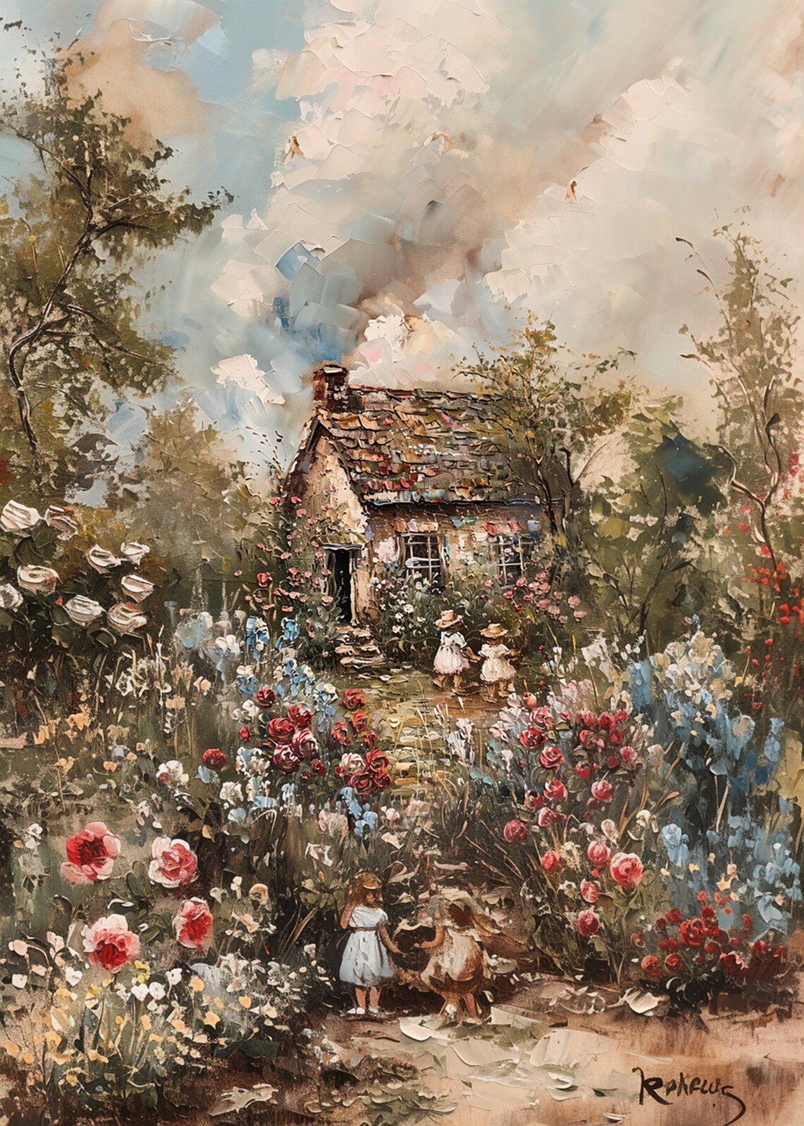 Girl Picking Roses in Lush Cottage Garden Under Stormy Sky Poster - Image 3