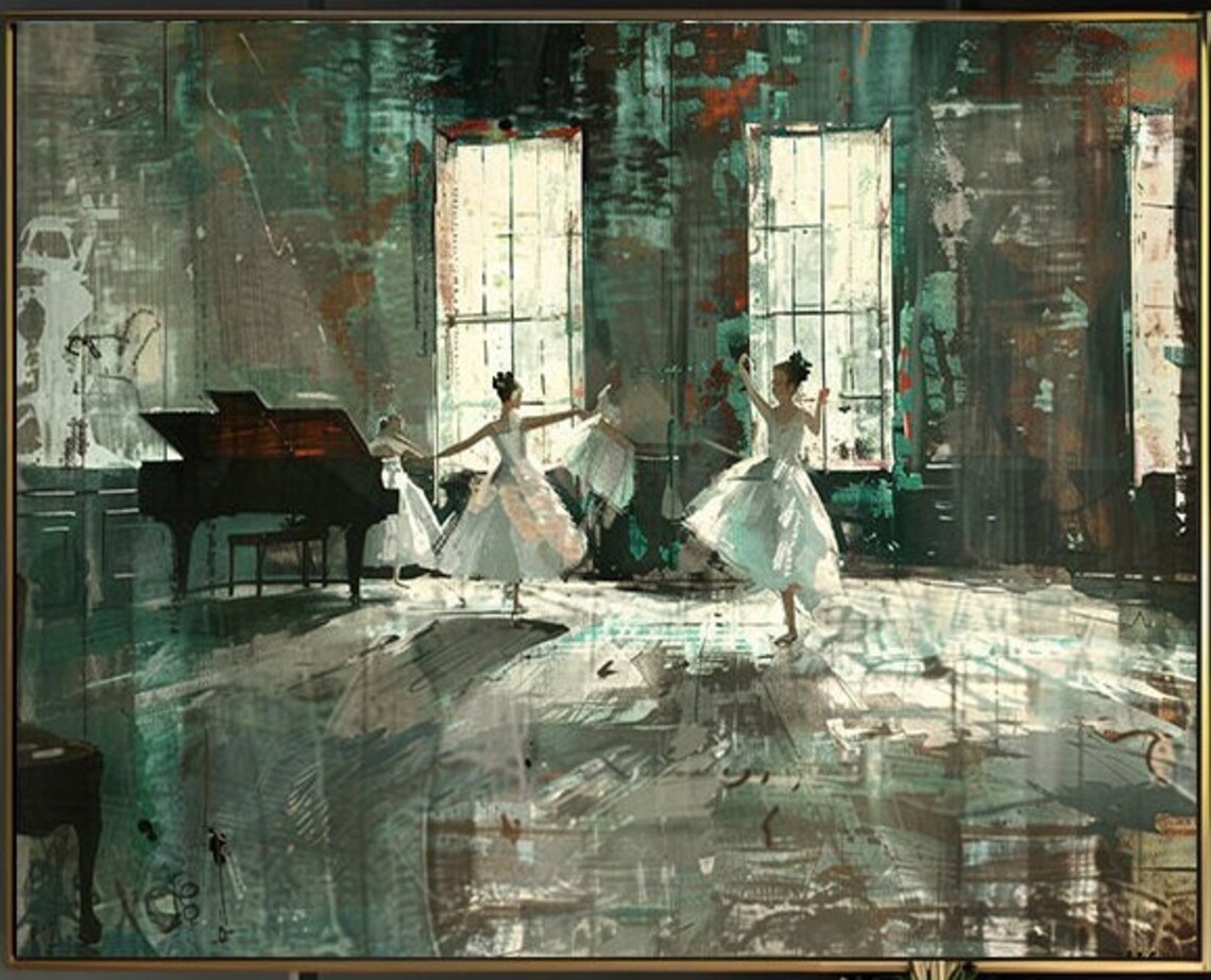 Ballerinas Rehearsing in a Moody Green Studio Oil Art Poster