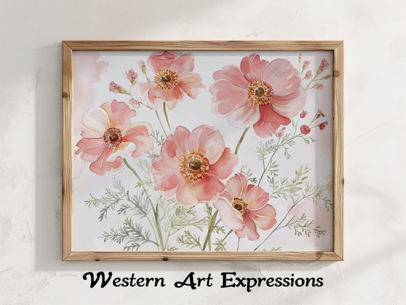 Pink Flowers Watercolor Wall Art Botanical Print Floral Home Decor Living Room Artwork Bedroom Accent