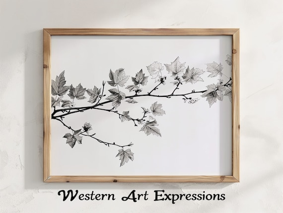 Maple Branch Ink Drawing Botanical Wall Art Black And White Leaf Illustration Nature Inspired Home Decor Minimalist Plant