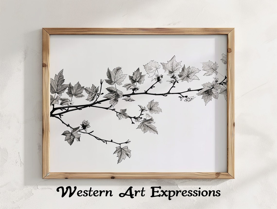 Maple Branch Ink Drawing Botanical Wall Art Black And White Leaf Illustration Nature Inspired Home Decor Minimalist Plant