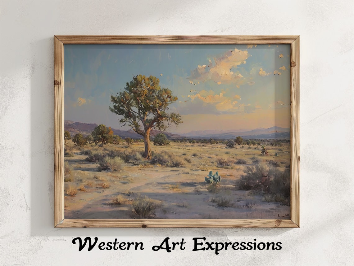 Mojave Desert Lone Tree Sunset Pastel Sky Oil Painting Poster