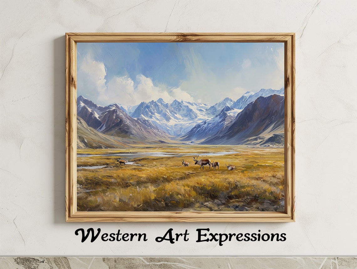Arctic Caribou Herd Mountain Valley Oil Painting Wildlife Art Poster