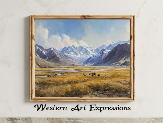 Arctic Caribou Herd Mountain Valley Oil Painting Wildlife Art Poster