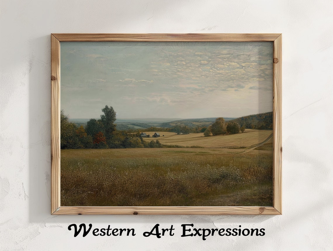 Vintage Golden Wheat Fields and Farmhouse Rustic Landscape Poster