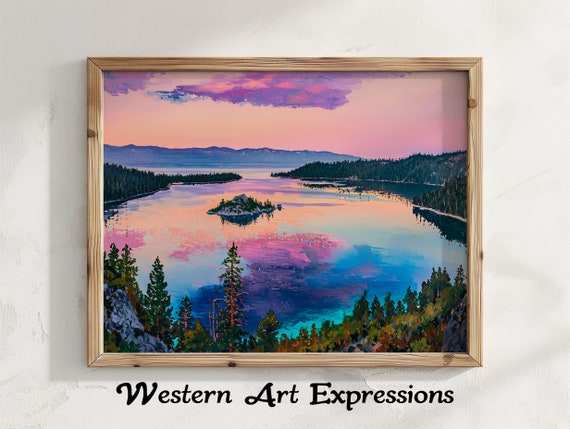 Emerald Bay South Lake Tahoe Oil Painting Print Rustic Decor Landscape Wall Art