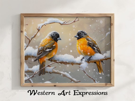 Two Orioles On A Snowy Branch Winter Birds Wall Art Branches Canvas Print Nature Inspired Home Decor Vibrant Bird Illustration
