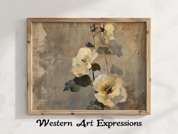 Neutral Flower Painting Lisianthus Vintage Floral Wall Art Print Beige Botanical Decor Rustic Home