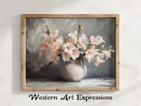 Peach Freesia Blossoms in Vase Impressionist Floral Painting Poster