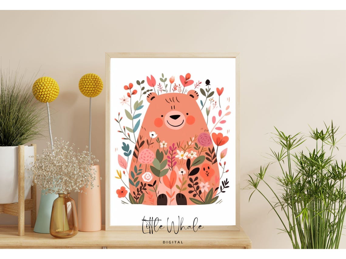 Cute Floral Coral Bear Nursery Wall Art Smiling Kids Room Decor Print - Image 2