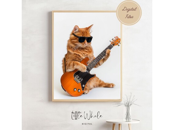 Funny Orange Cat Playing Electric Guitar Wearing Sunglasses Poster