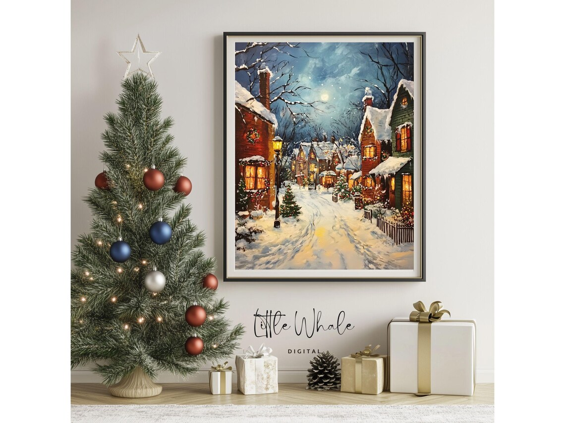 Cozy Snowy Village Street At Night With Glowing Windows Winter Art Poster - Image 4