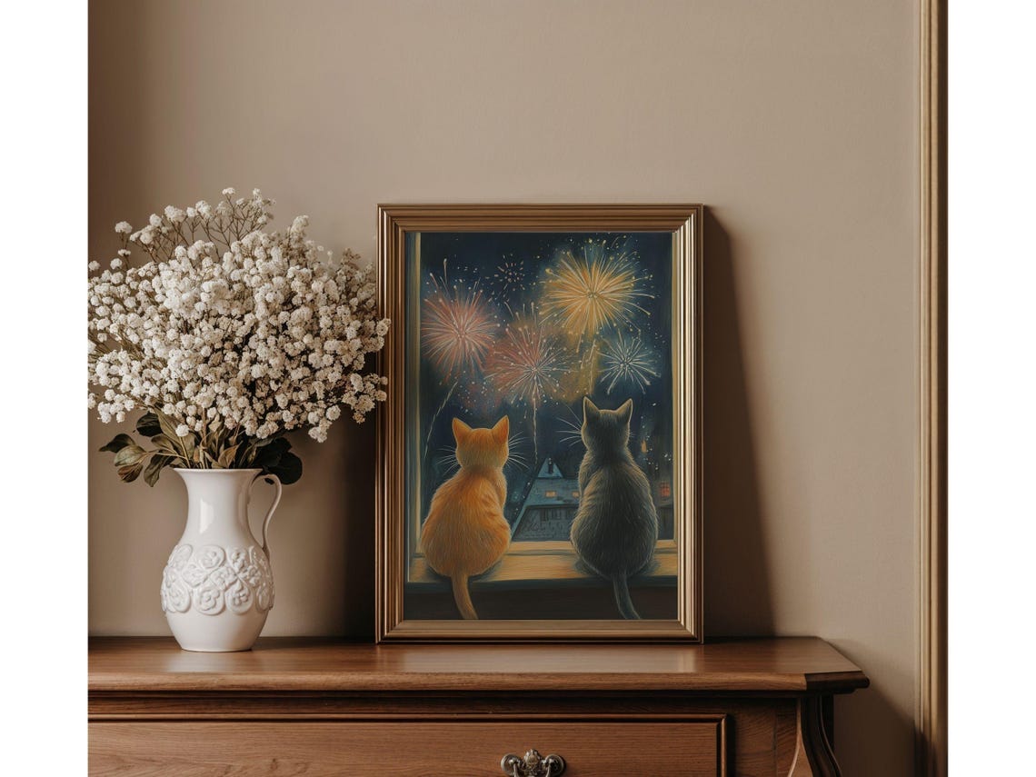 Two Cats Watching Fireworks From Window Night Sky Animal Poster - Image 2