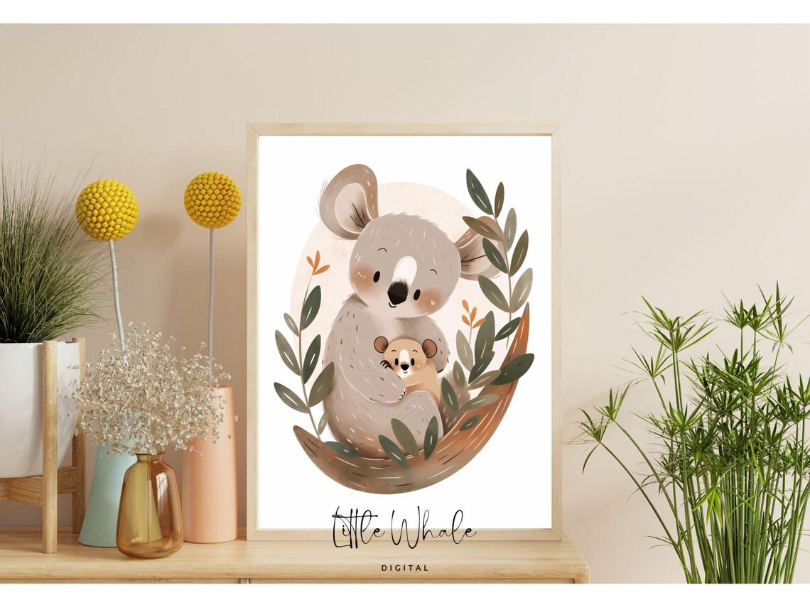 Koala Mom Hugging Baby With Eucalyptus Nursery Watercolor Wall Art Print - Image 2