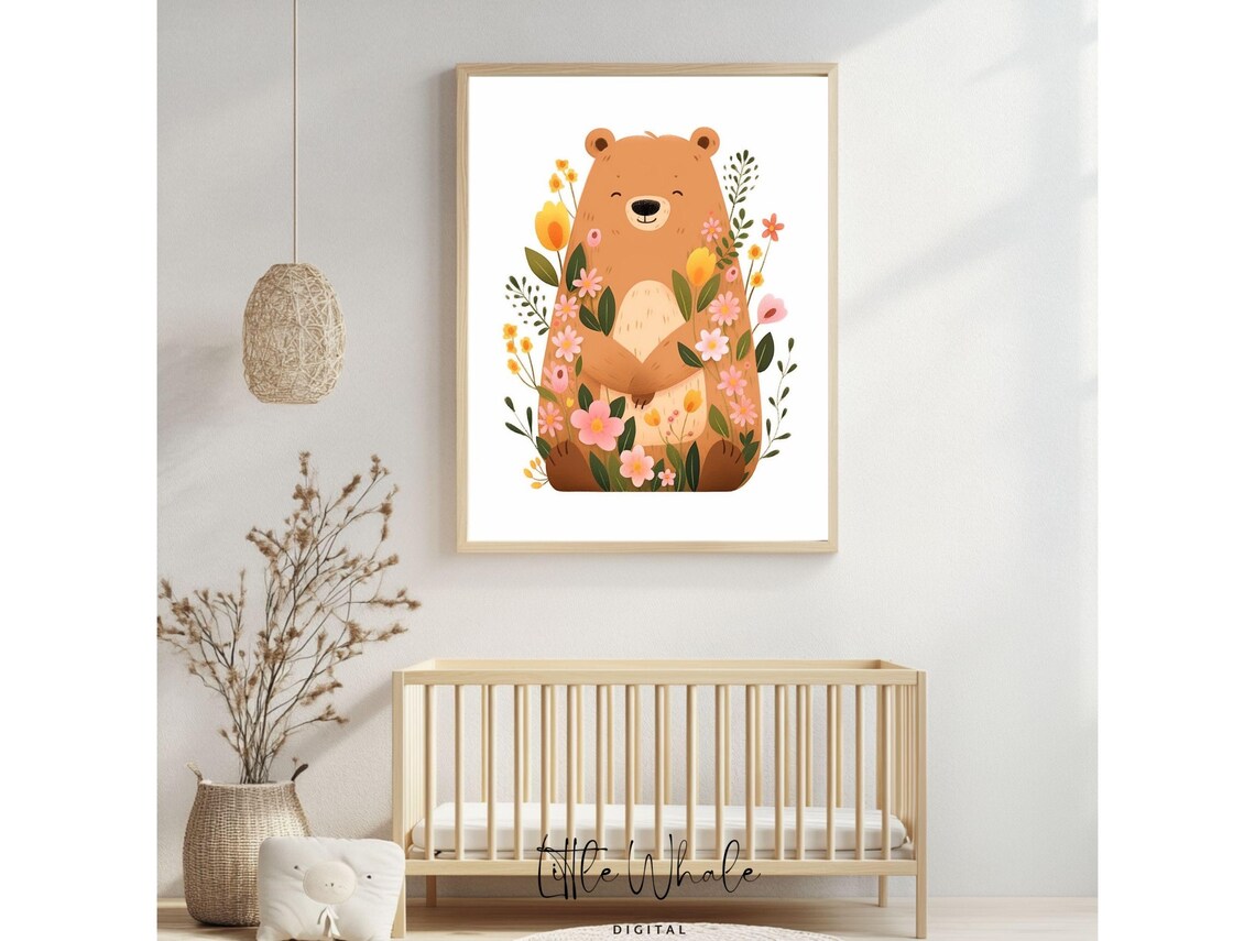 Cute Floral Brown Bear Nursery Wall Art Wildflower Kids Room Decor Print - Image 4