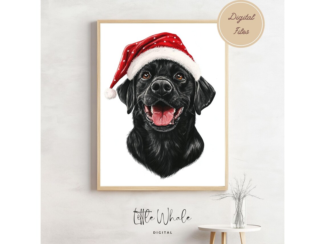 Black Labrador Retriever in Santa Hat Happy Christmas Dog Art Print