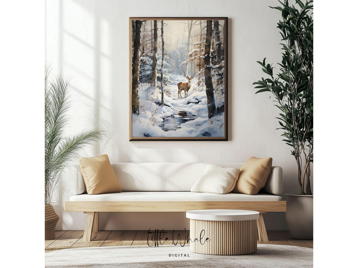 Watercolor Deer Standing In A Snowy Forest Winter Landscape Poster - Image 4