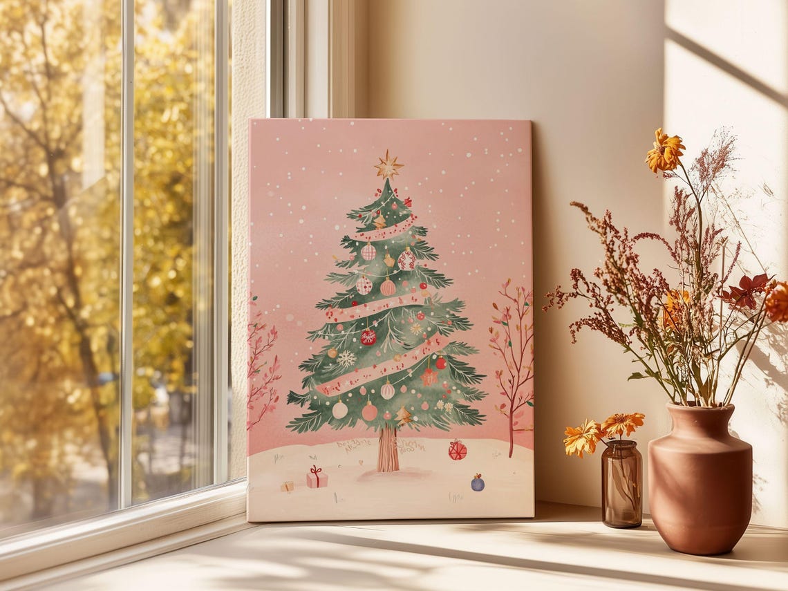 Pink Christmas Tree With Ribbons And Ornaments On Blush Sky Poster - Image 3