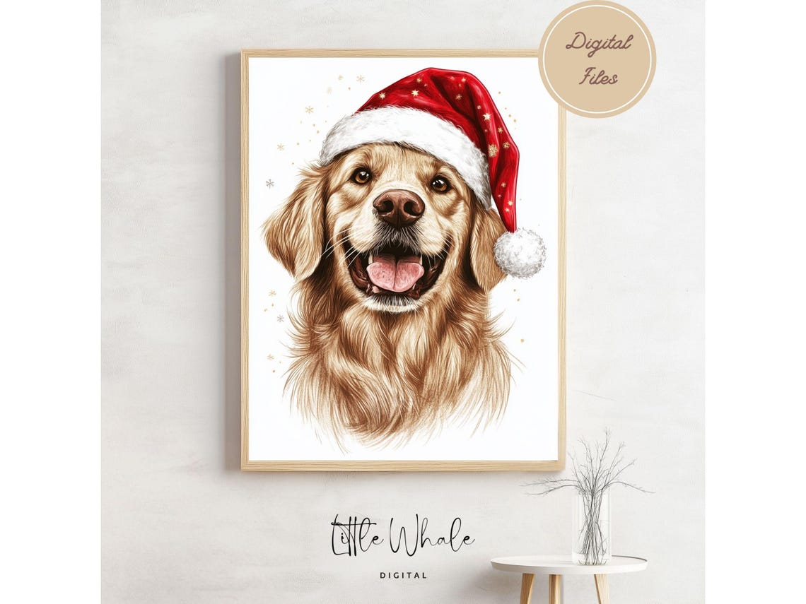 Smiling Golden Retriever in Santa Hat with Snowflakes Art Print