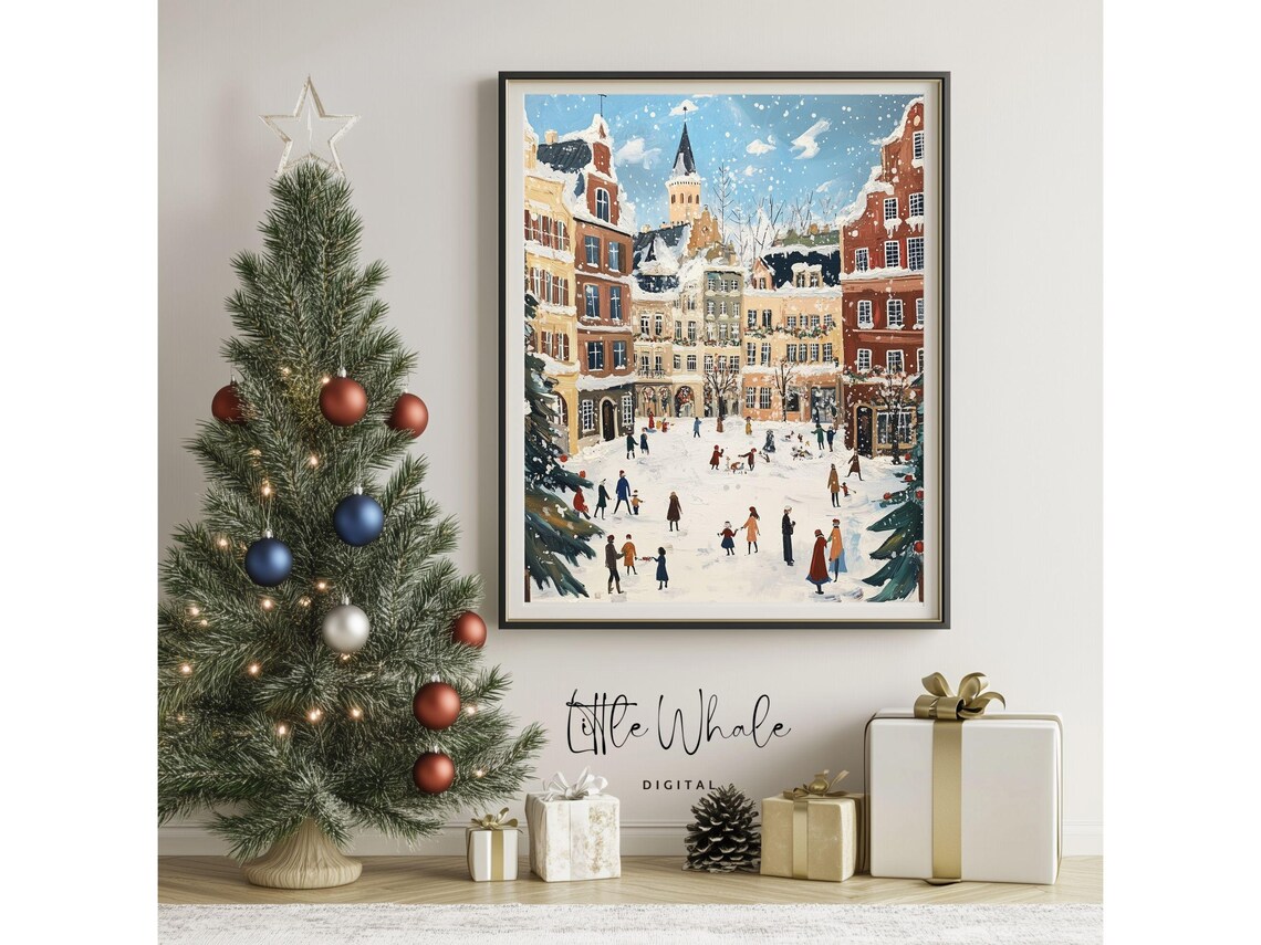 Snowy Old Town Square with Church Tower and Christmas Crowds Poster - Image 3