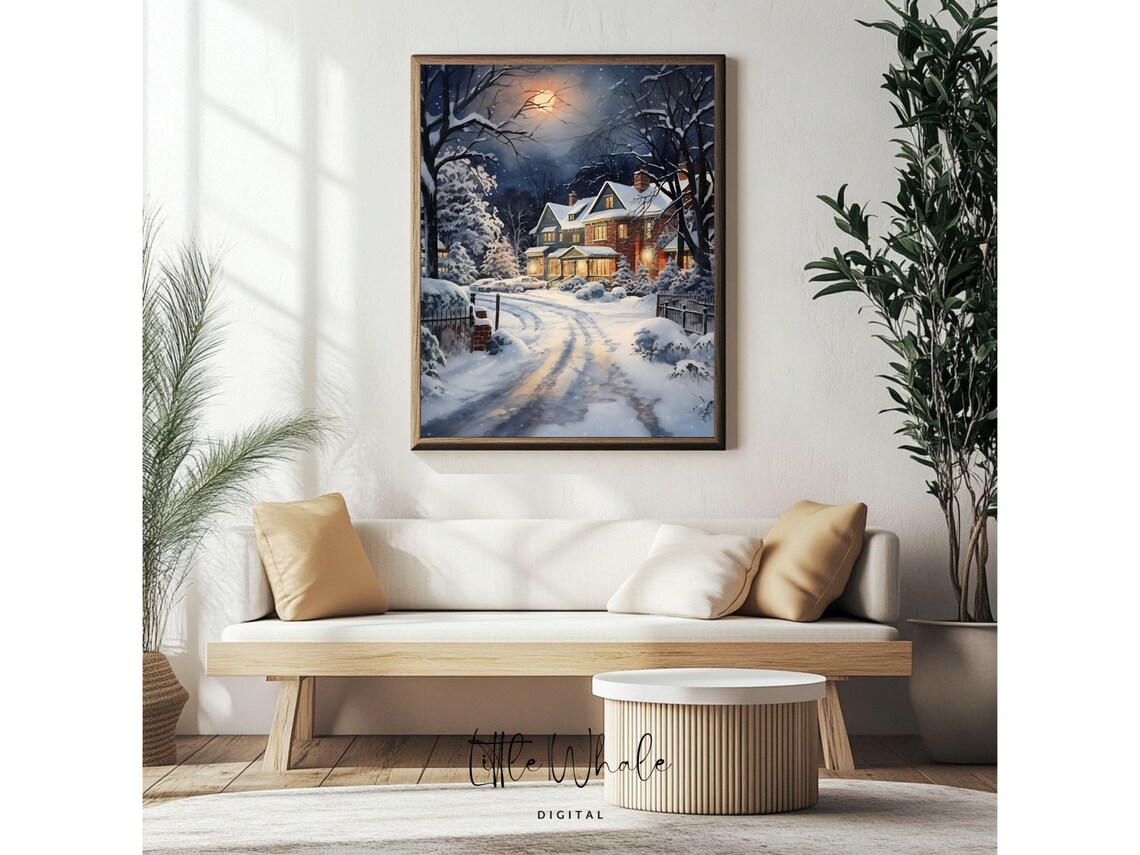 Moonlit Snowy Street with Glowing Houses Winter Night Art Print - Image 4