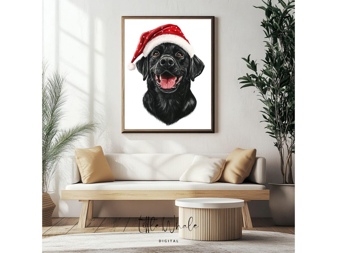Black Labrador Retriever in Santa Hat Happy Christmas Dog Art Print - Image 4