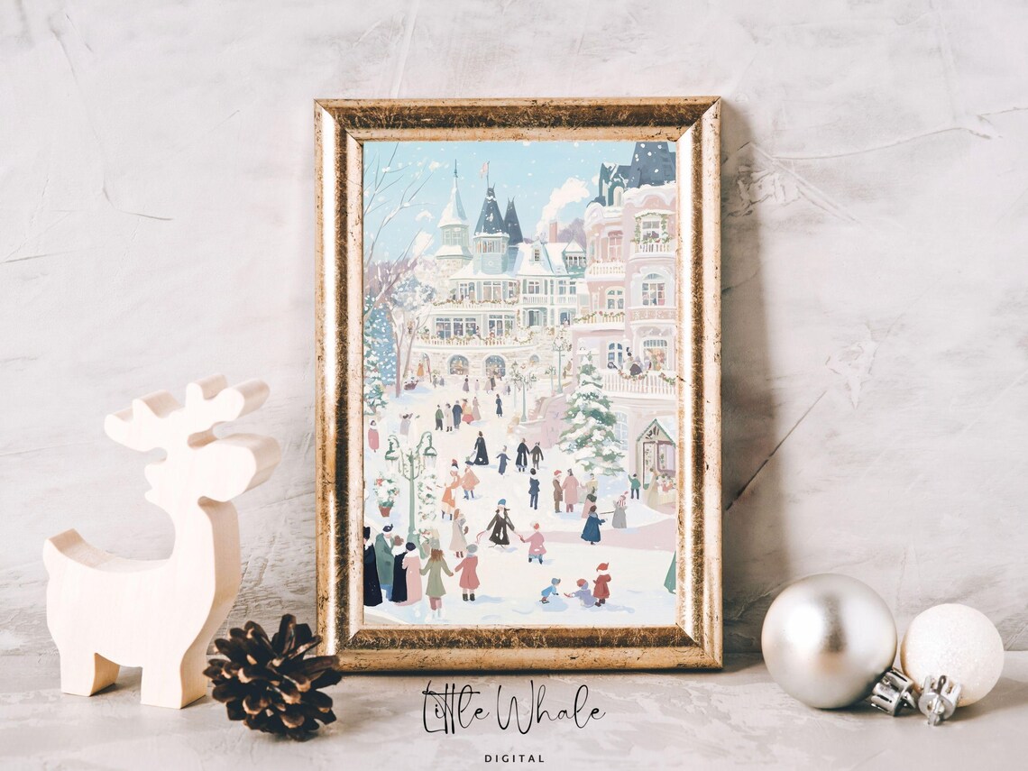 Pastel Winter Plaza with Pink Palaces and Holiday Crowds Poster - Image 2