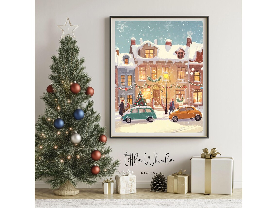 Snowy European Street with Vintage Cars and Christmas Garlands Poster - Image 3