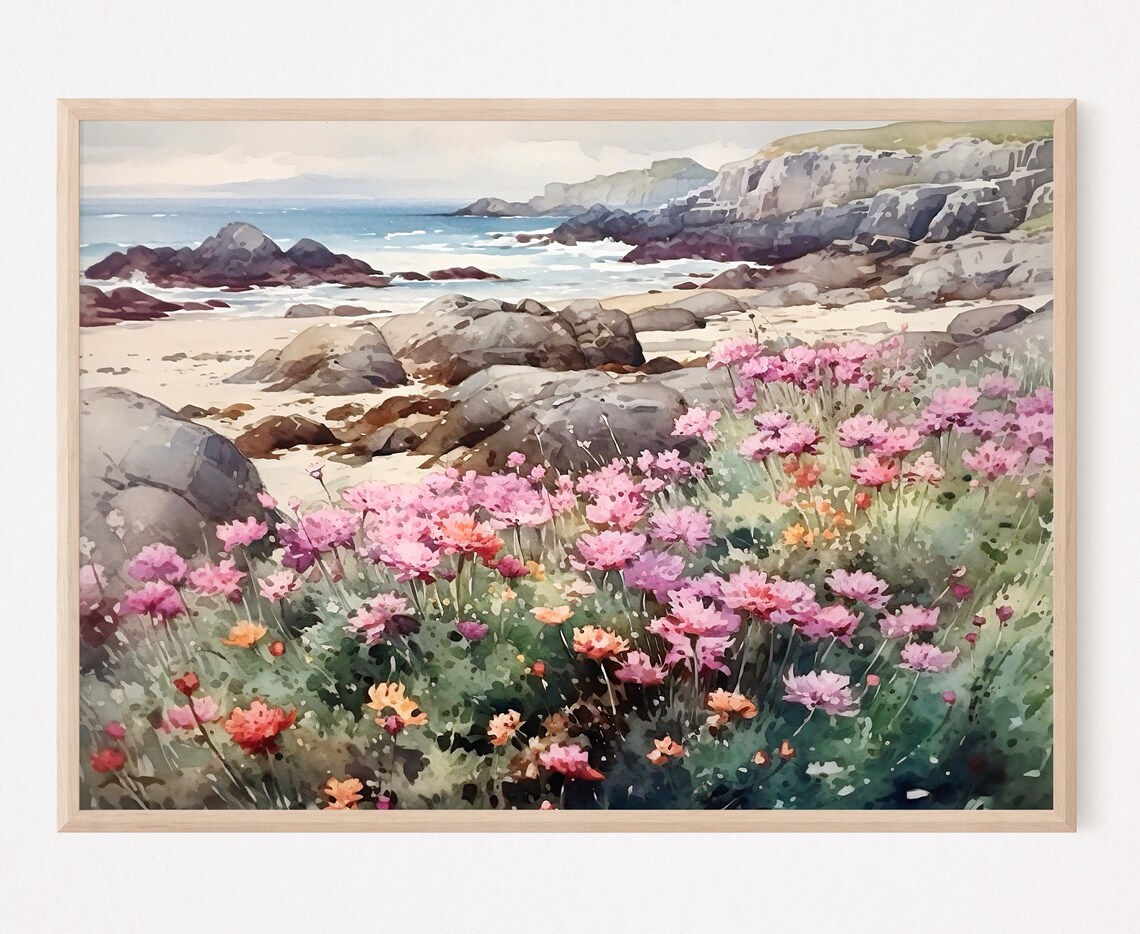Coastal Cliffs Watercolor with Pink Wildflowers and Beach Poster