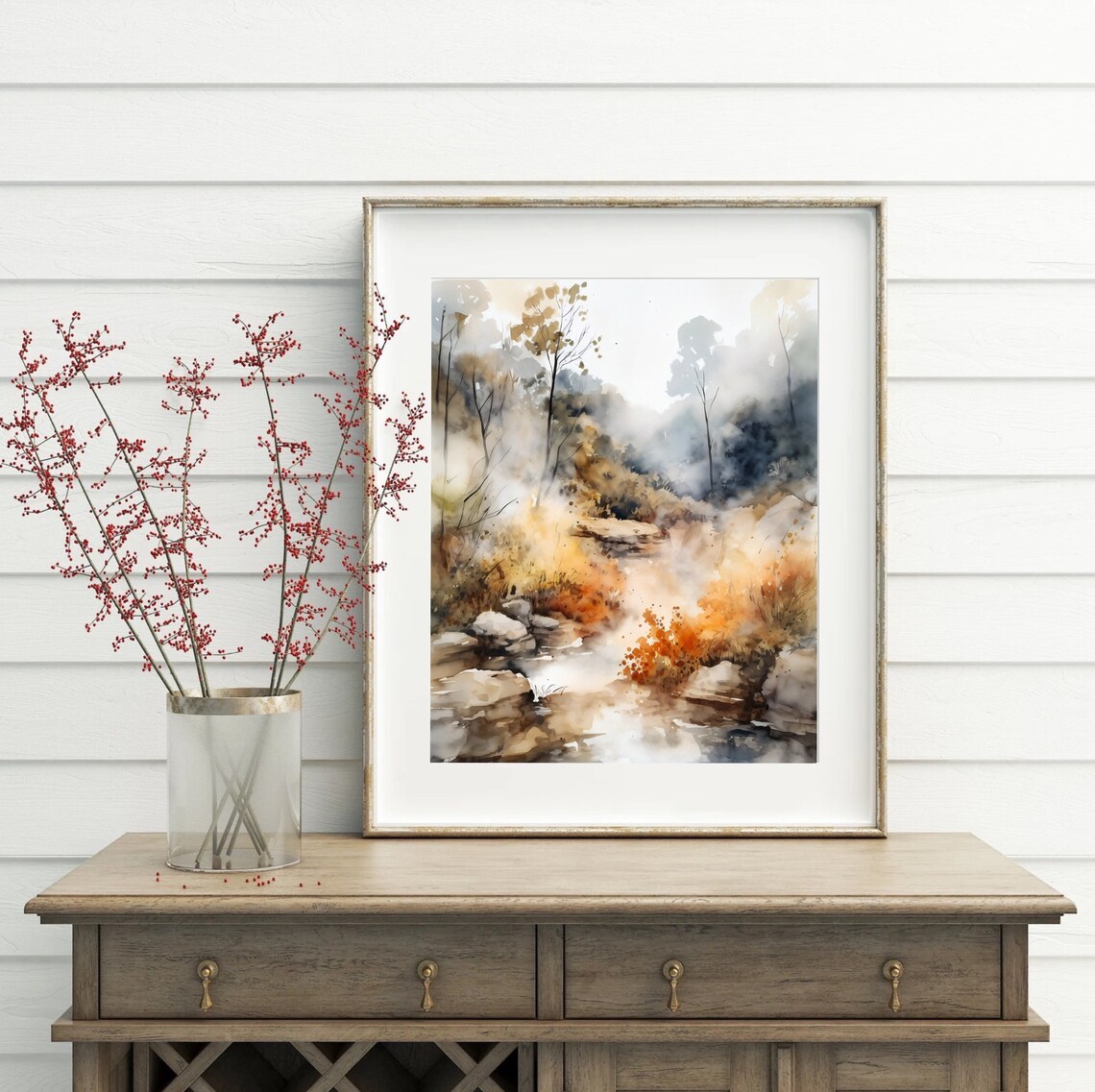 Abstract Autumn Creek Orange Splashes Misty Watercolor Art Poster - Image 5
